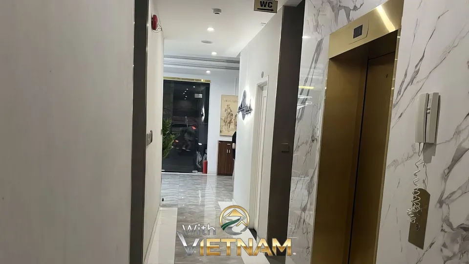 황금색 엘리베이터가 있는 고급스러운 복도