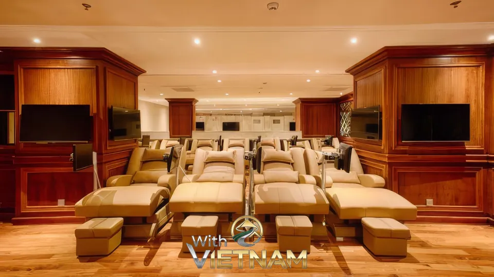 고급스러운 갈색 마사지 의자들이 놓인 휴게 공간