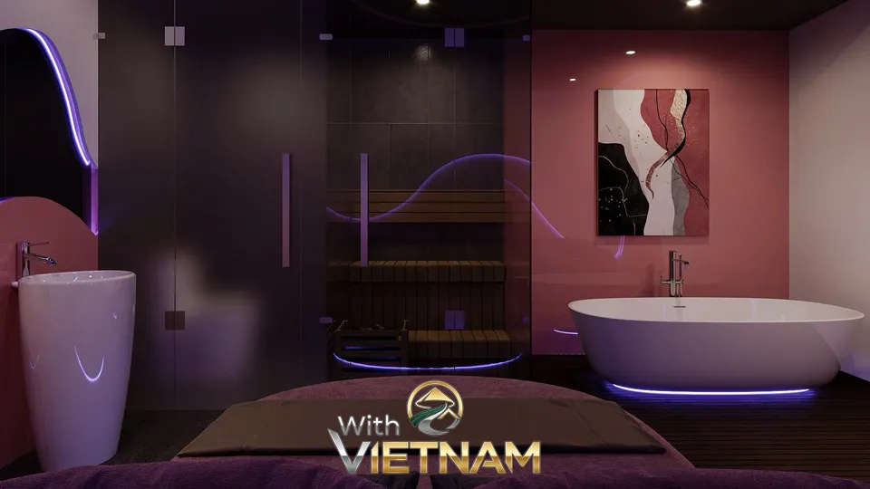 핑크색과 보라색 조명의 현대적인 욕실