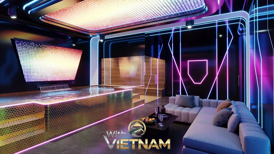 대형 스크린과 소파가 있는 풀 파티룸