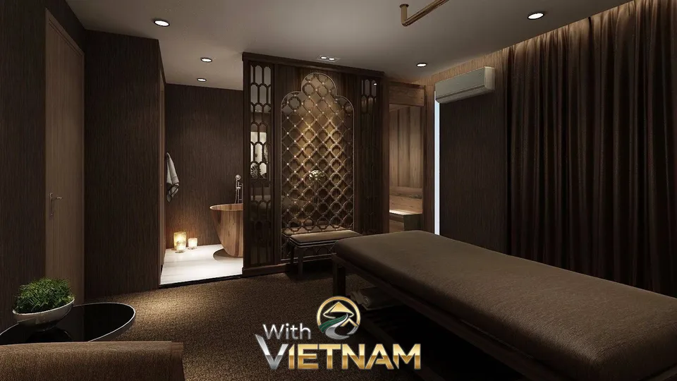 나무 욕조가 있는 마사지실