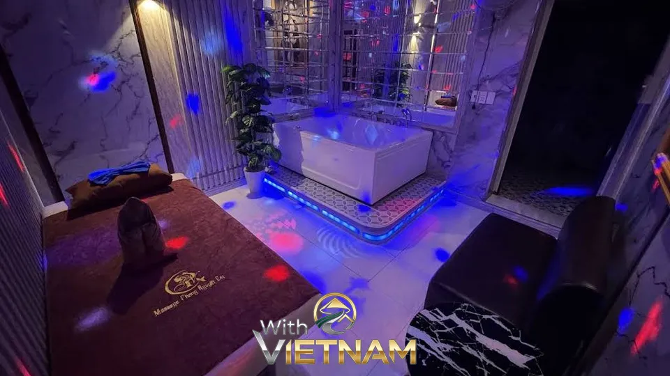 화려한 조명이 있는 마사지실 욕조