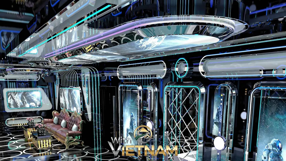 화려한 네온 사인과 천장 장식