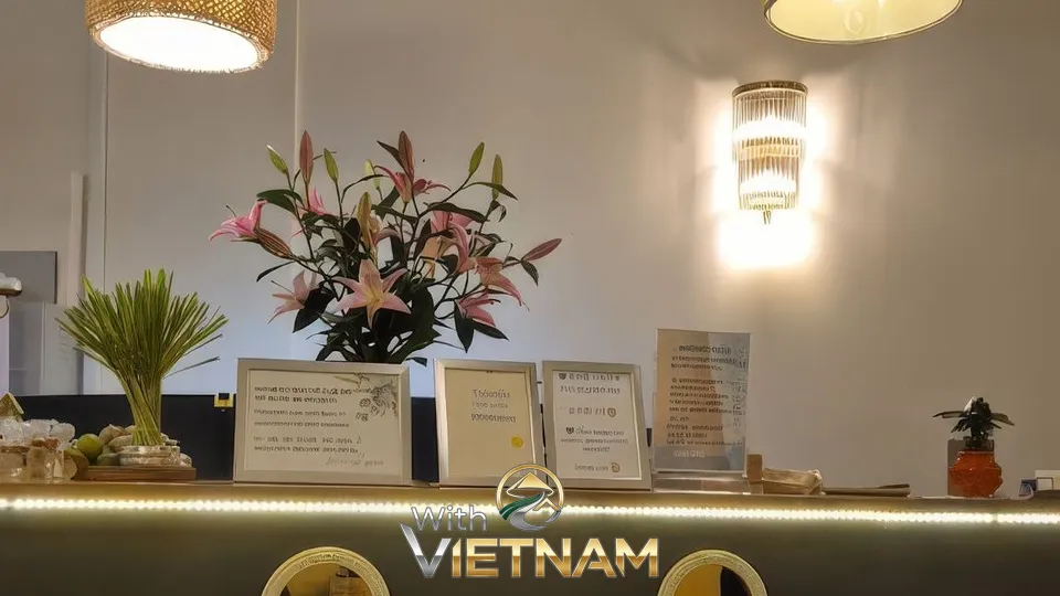 꽃과 액자가 놓인 리셉션 데스크