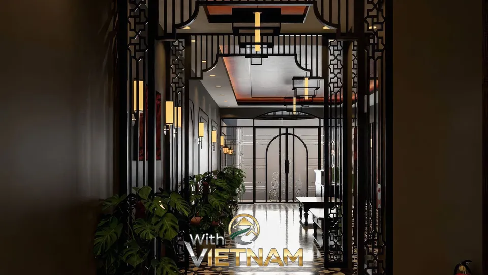 화려한 조명과 식물이 있는 복도