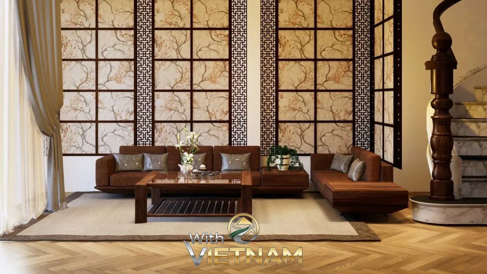 전통적인 격자무늬 창과 소파가 있는 거실